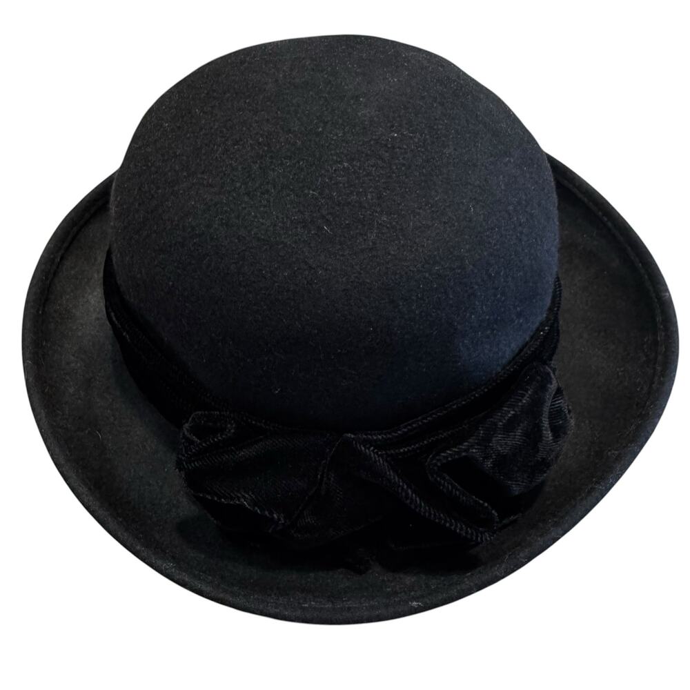 Vintage 80s Lord & Taylor Italian Wool Black Bucket Hat Velvet Rosette S/M